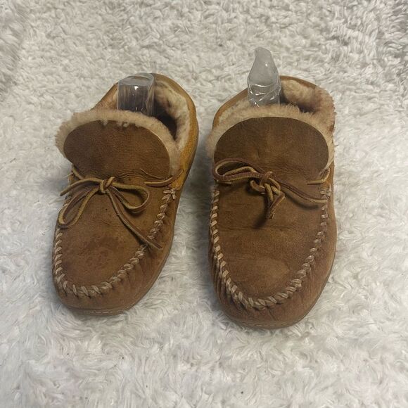 LLBean Men’s leather Suede tan Moccasin Slippers shearling lining SZ10M - Picture 2 of 11